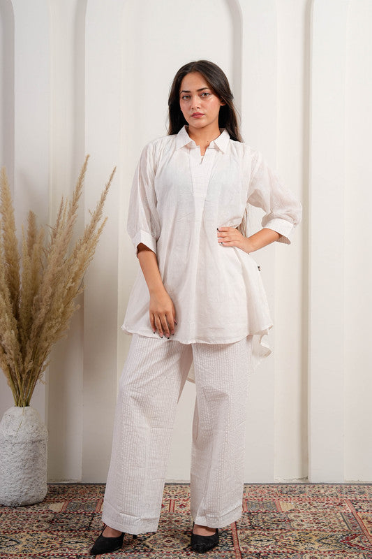 White Cotton Shirt- Style Tunic Co-ord Set