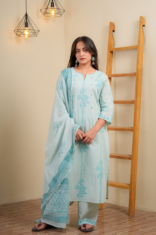 Powder Blue Cotton Straight Kurta With Palazzo & Dupatta Set