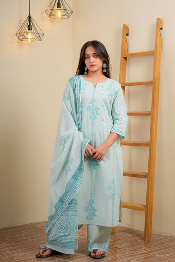 Powder Blue Cotton Straight Kurta With Palazzo & Dupatta Set