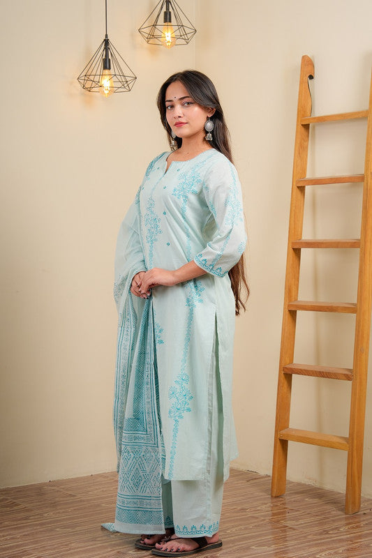 Powder Blue Cotton Straight Kurta With Palazzo & Dupatta Set