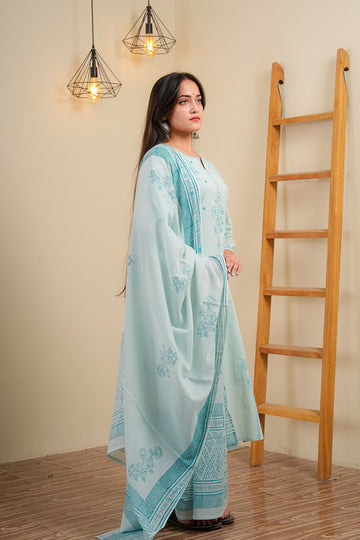 Powder Blue Cotton Straight Kurta With Palazzo & Dupatta Set