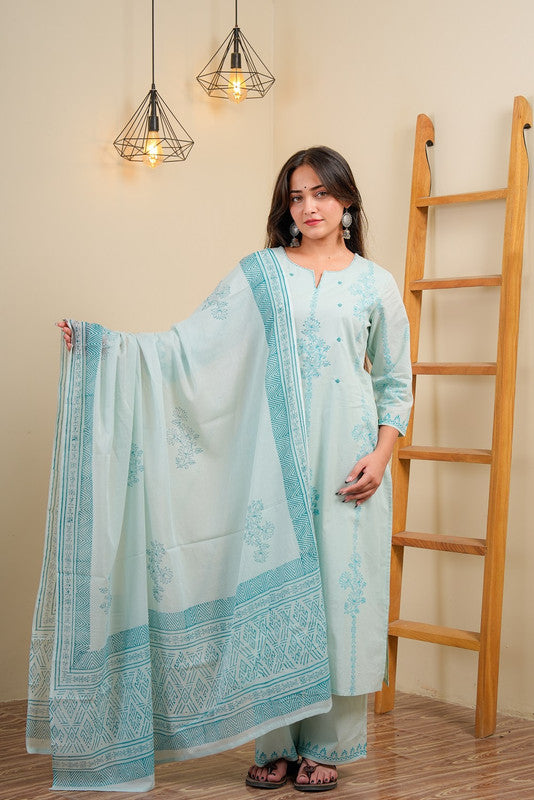 Powder Blue Cotton Straight Kurta With Palazzo & Dupatta Set