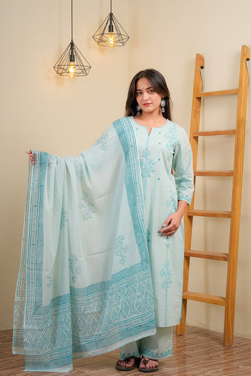 Powder Blue Cotton Straight Kurta With Palazzo & Dupatta Set