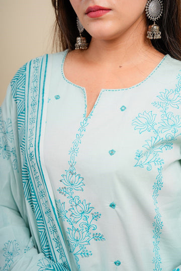 Powder Blue Cotton Straight Kurta With Palazzo & Dupatta Set