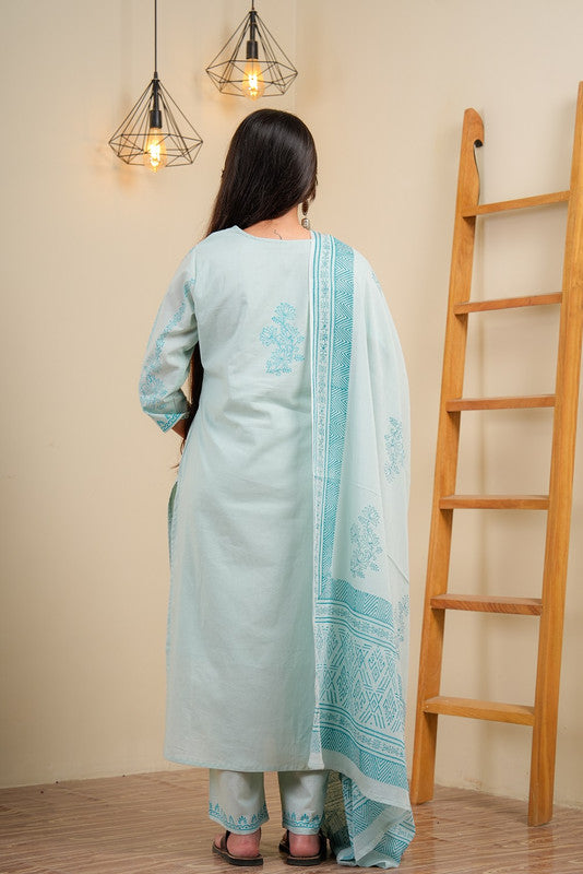 Powder Blue Cotton Straight Kurta With Palazzo & Dupatta Set
