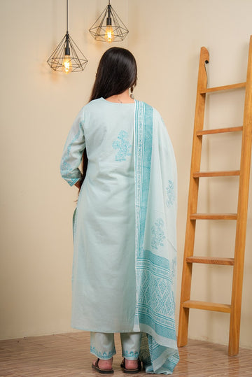Powder Blue Cotton Straight Kurta With Palazzo & Dupatta Set