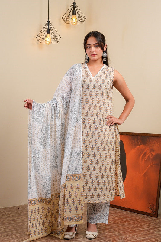 Beige Cotton Sleeveless Kurta Set