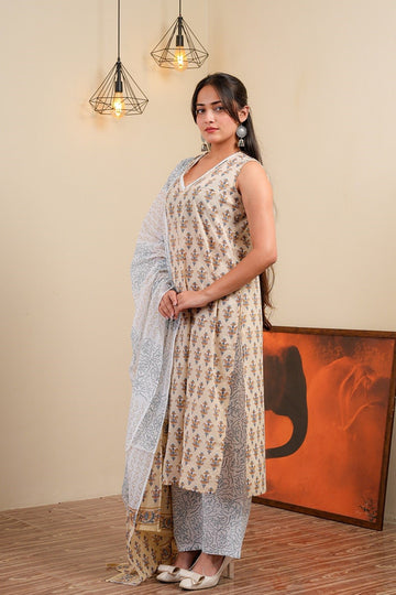 Beige Cotton Sleeveless Kurta Set