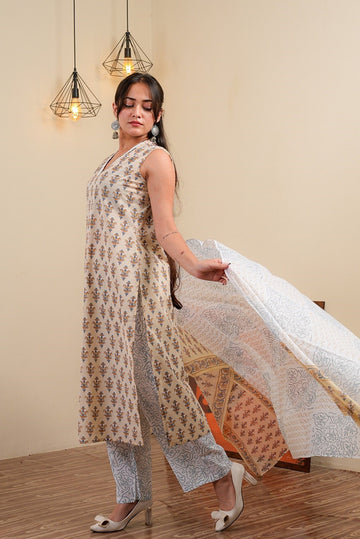 Beige Cotton Sleeveless Kurta Set