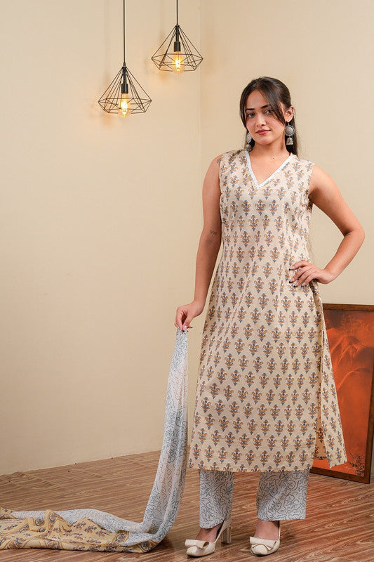 Beige Cotton Sleeveless Kurta Set