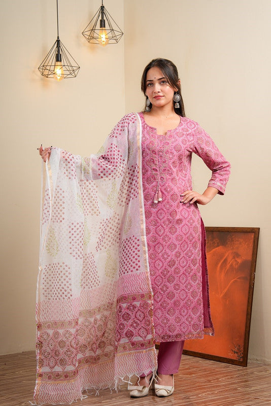 Pink Ethnic Motif Printed Kurta With Trousers & Dupatta Set