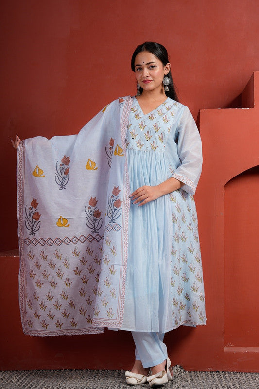 Blue A-Line Kota Doriya Kurta Set