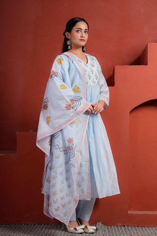 Blue A-Line Kota Doriya Kurta Set