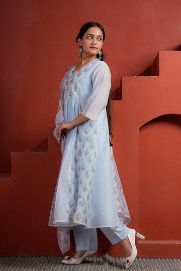 Blue A-Line Kota Doriya Kurta Set
