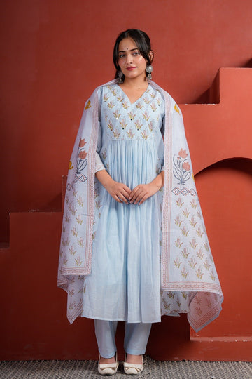 Blue A-Line Kota Doriya Kurta Set