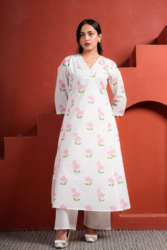White Cotton Angrakha Style A-Line Kurta With Straight Pants