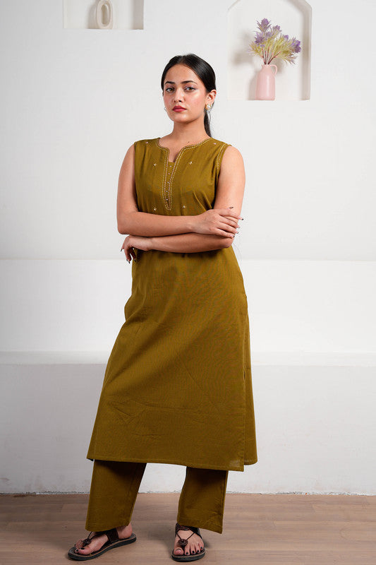 Olive Cotton Sleeveless Co-ord Set