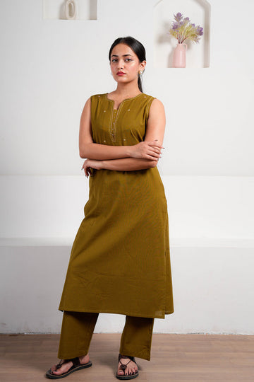 Olive Cotton Sleeveless Co-ord Set