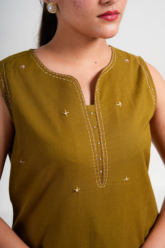 Olive Cotton Sleeveless Co-ord Set