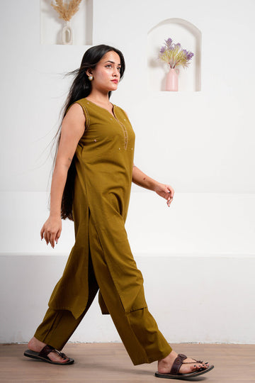 Olive Cotton Sleeveless Co-ord Set