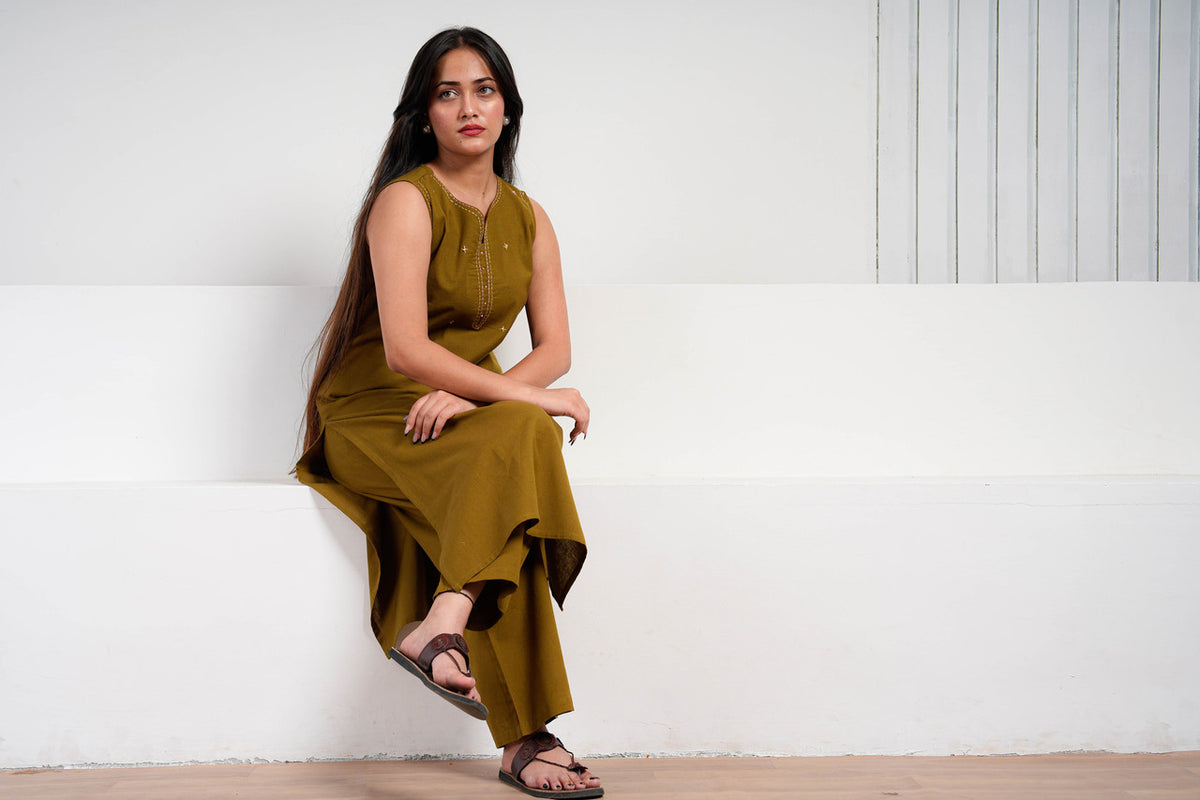 Olive Cotton Sleeveless Co-ord Set
