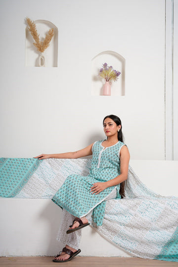 Aqua Blue Cotton Sleeveless Kurta Set