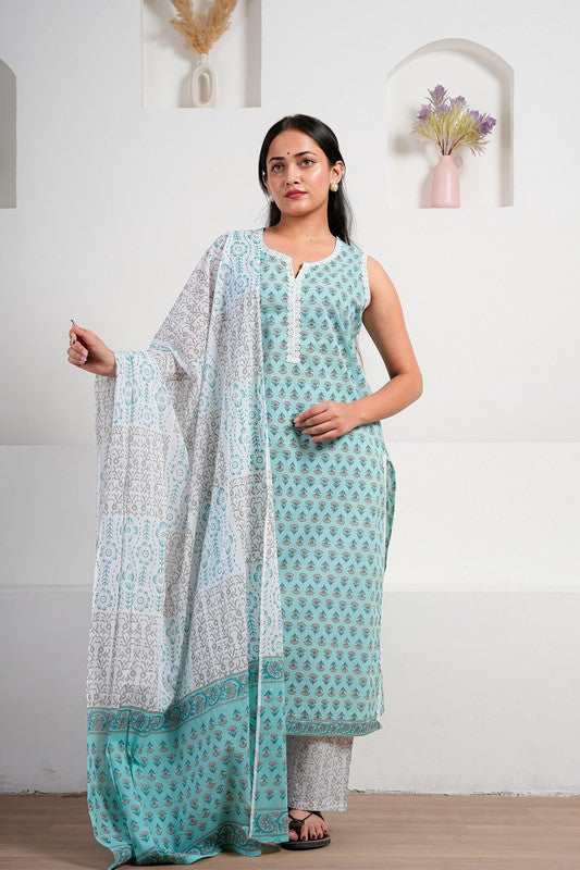 Aqua Blue Cotton Sleeveless Kurta Set