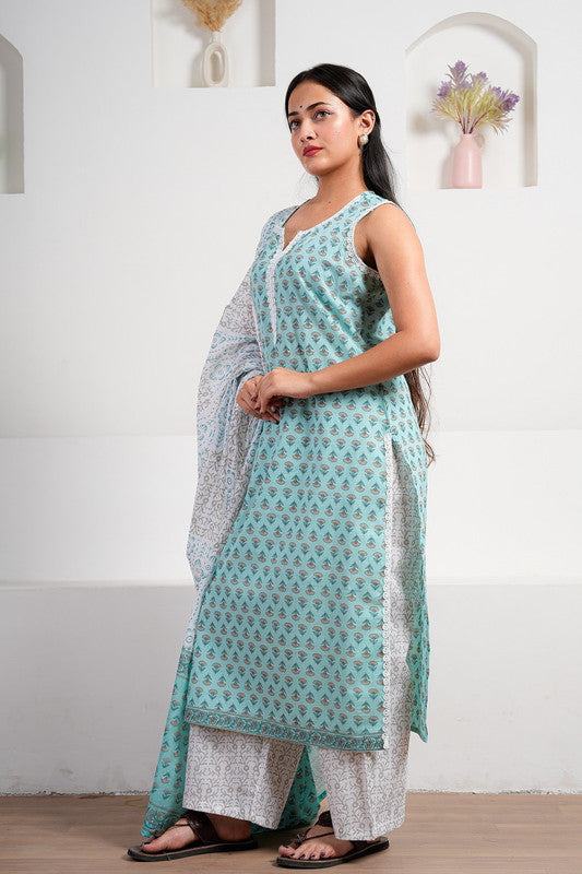 Aqua Blue Cotton Sleeveless Kurta Set