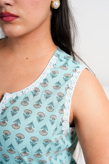 Aqua Blue Cotton Sleeveless Kurta Set