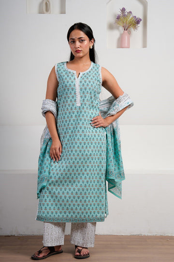 Aqua Blue Cotton Sleeveless Kurta Set