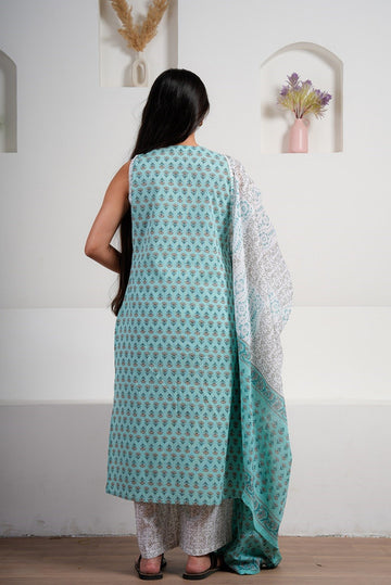 Aqua Blue Cotton Sleeveless Kurta Set