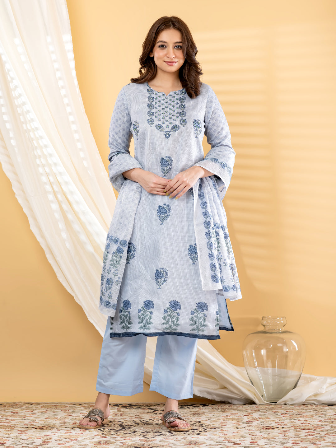 Powder Blue Mughal Buta Print Kurta Set With Dupatta - 5
