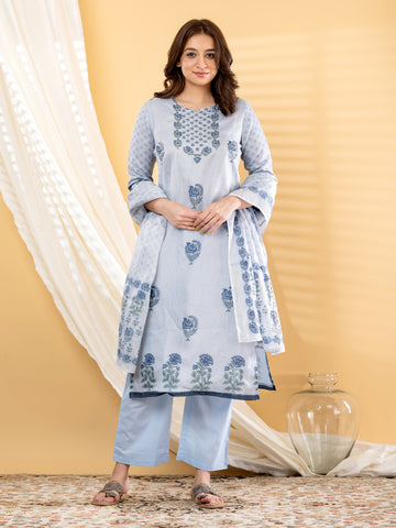 Powder Blue Mughal Buta Print Kurta Set With Dupatta product video