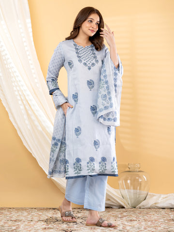 Powder Blue Mughal Buta Print Kurta Set With Dupatta product video