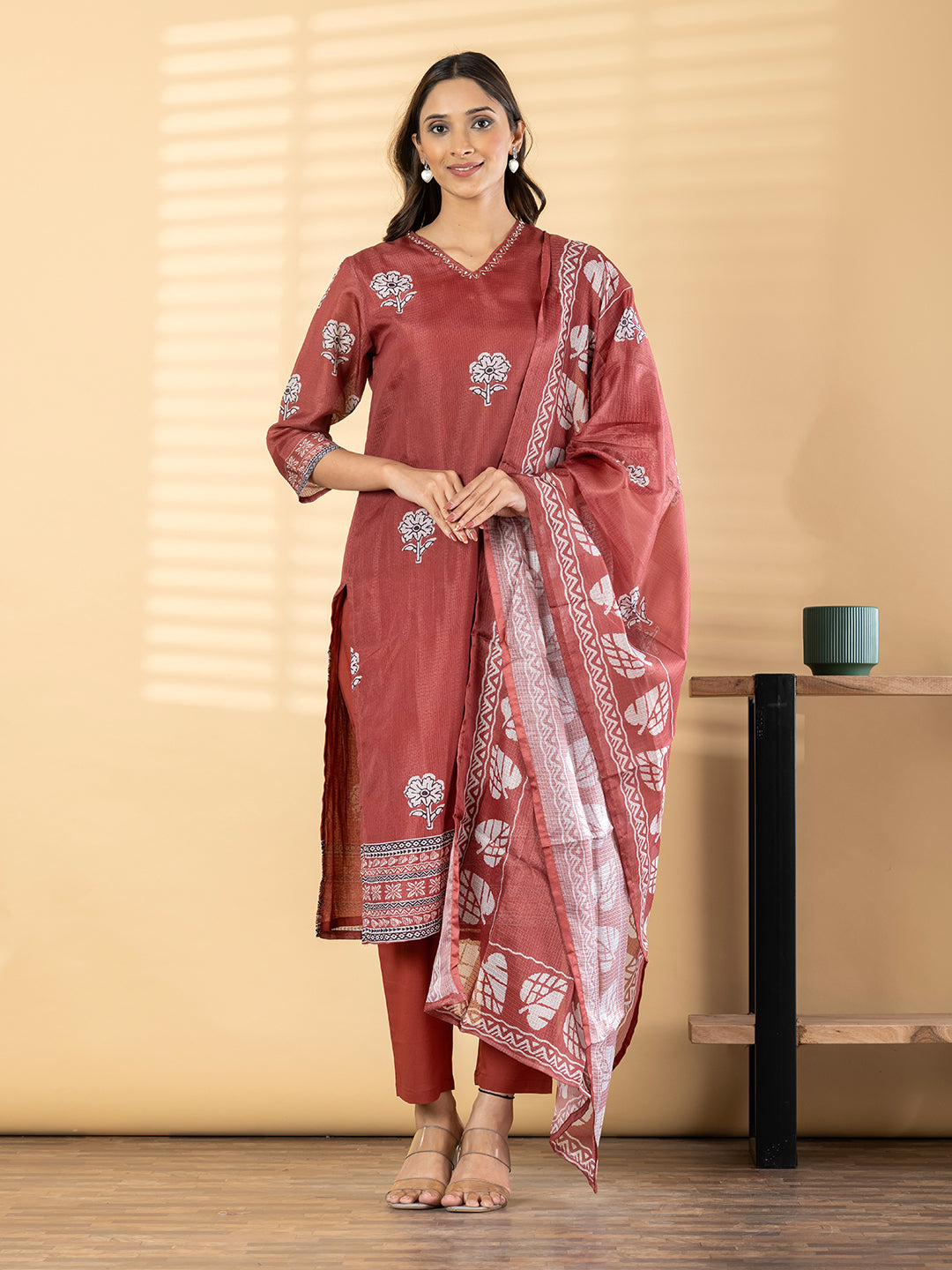 Rust Blossom Block Print Kurta Set