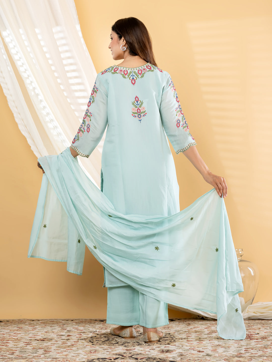 Aqua Blue Yoke Embroidered Kurta Pant Dupatta Set - 4