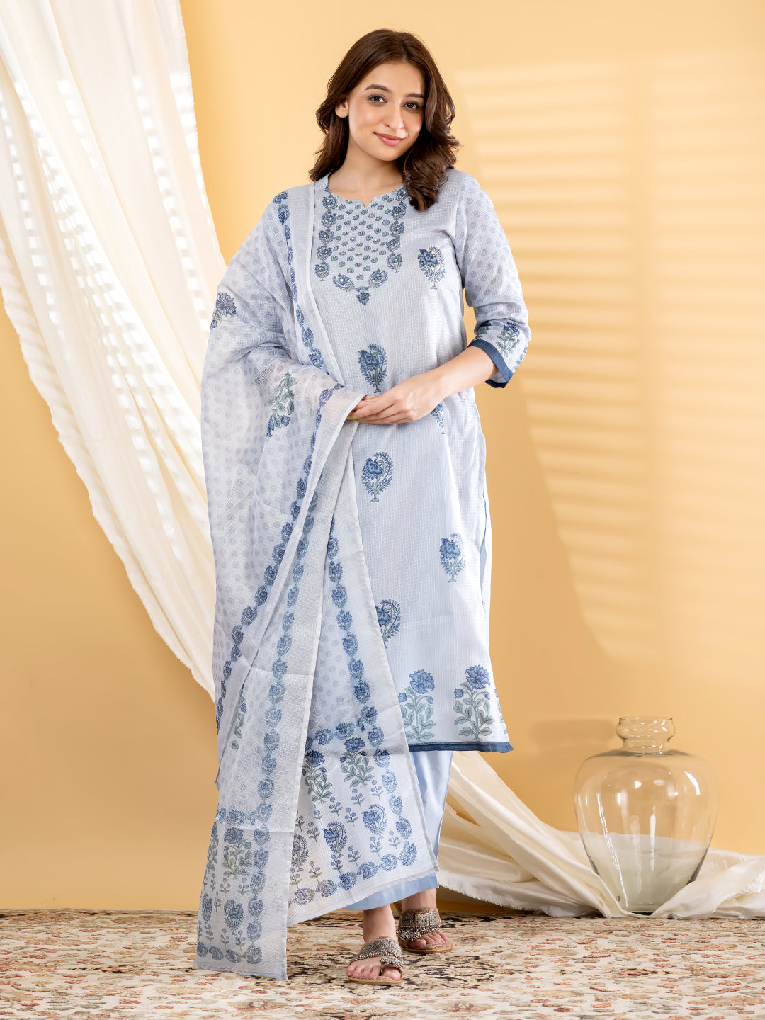 Powder Blue Mughal Buta Print Kurta Set With Dupatta