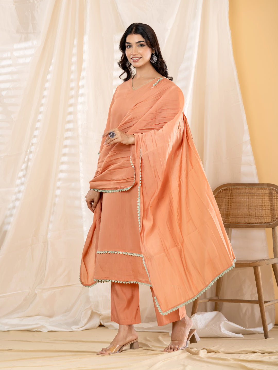 Rust Orange A-Line Kurta Pant Dupatta Set - 6
