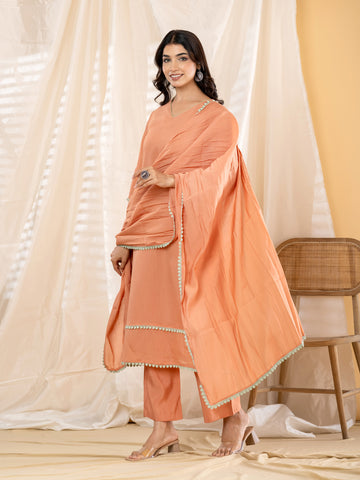 Rust Orange A-Line Kurta Pant Dupatta Set product video