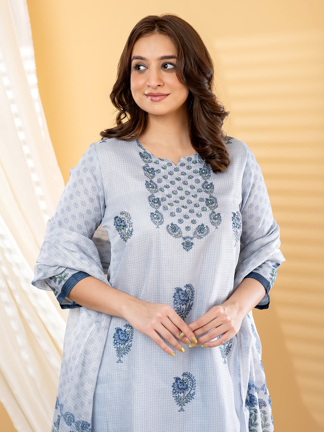 Powder Blue Mughal Buta Print Kurta Set With Dupatta - 2