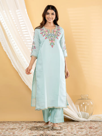 Aqua Blue Yoke Embroidered Kurta Pant Dupatta Set product video