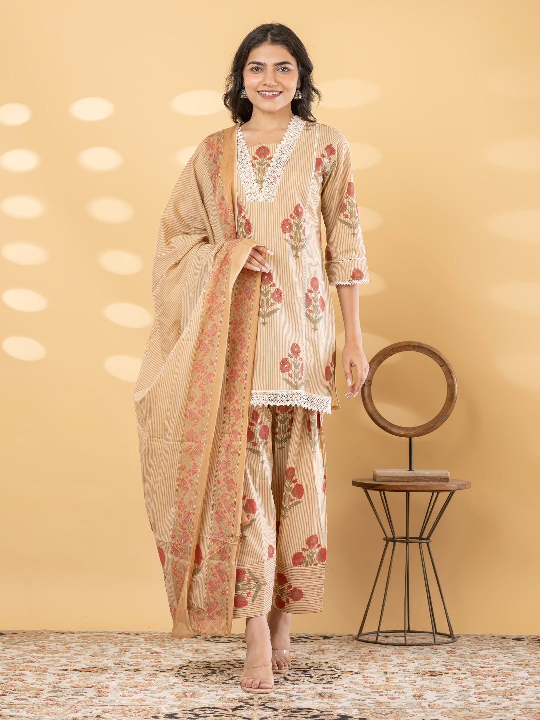 Beige Stripe Floral Co-ord Suit Set With Palazzo