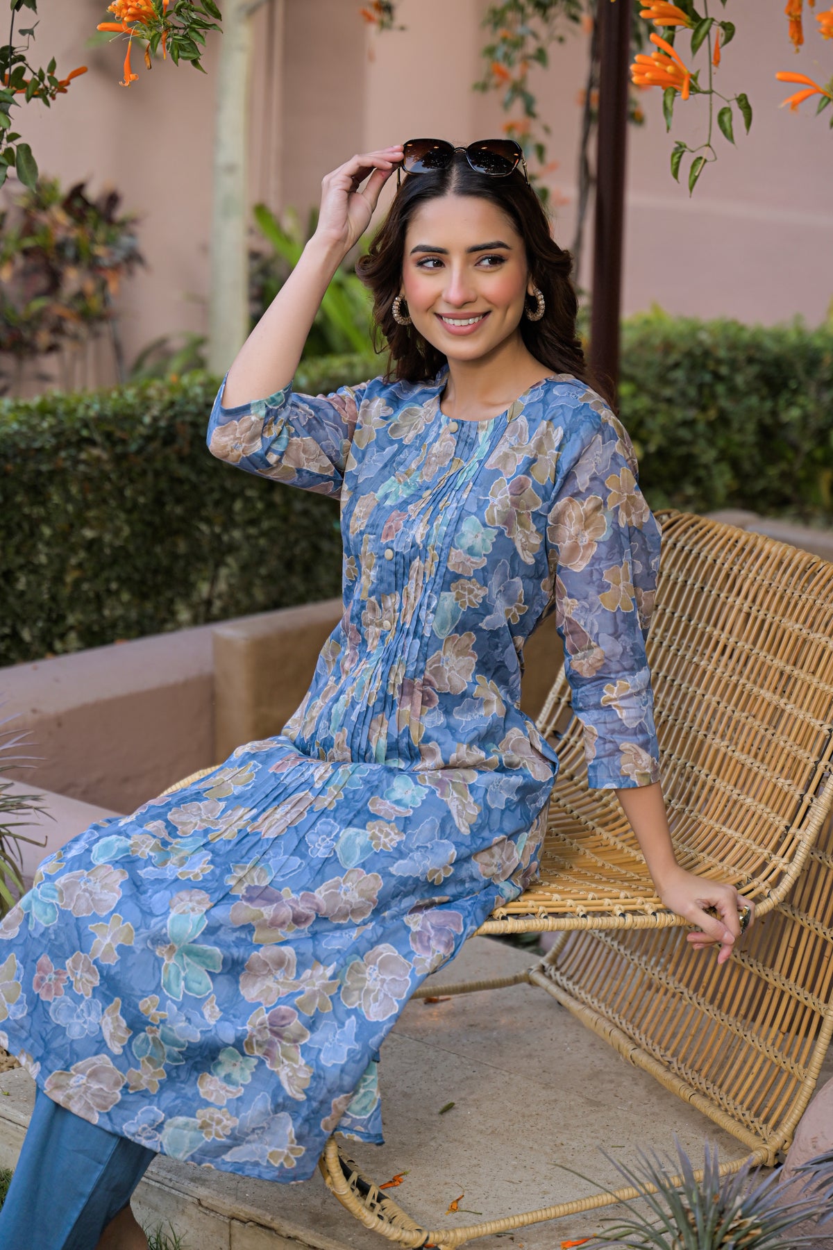 Powder Blue With Front Pleats Kurta Set