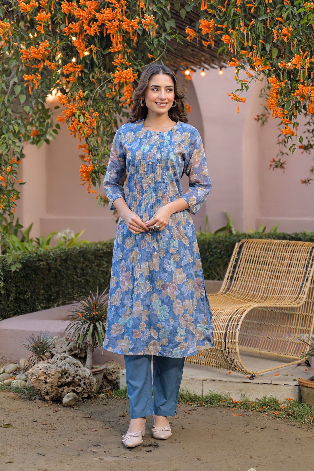 Powder Blue With Front Pleats Kurta Set