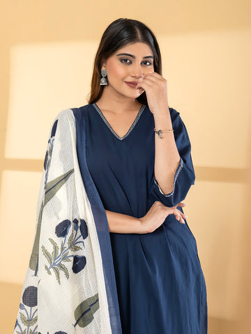 Midnight Blue Solid Straight Kurta Set with Block Print Kota Doria Dupatta product video