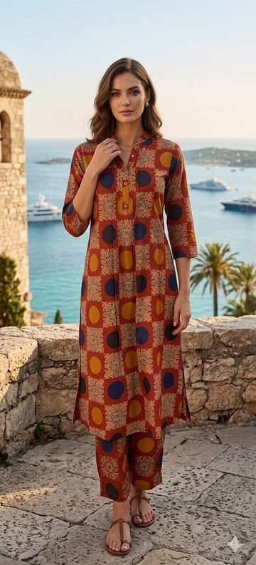 Rust Brown Geometric Print Co-ord Set