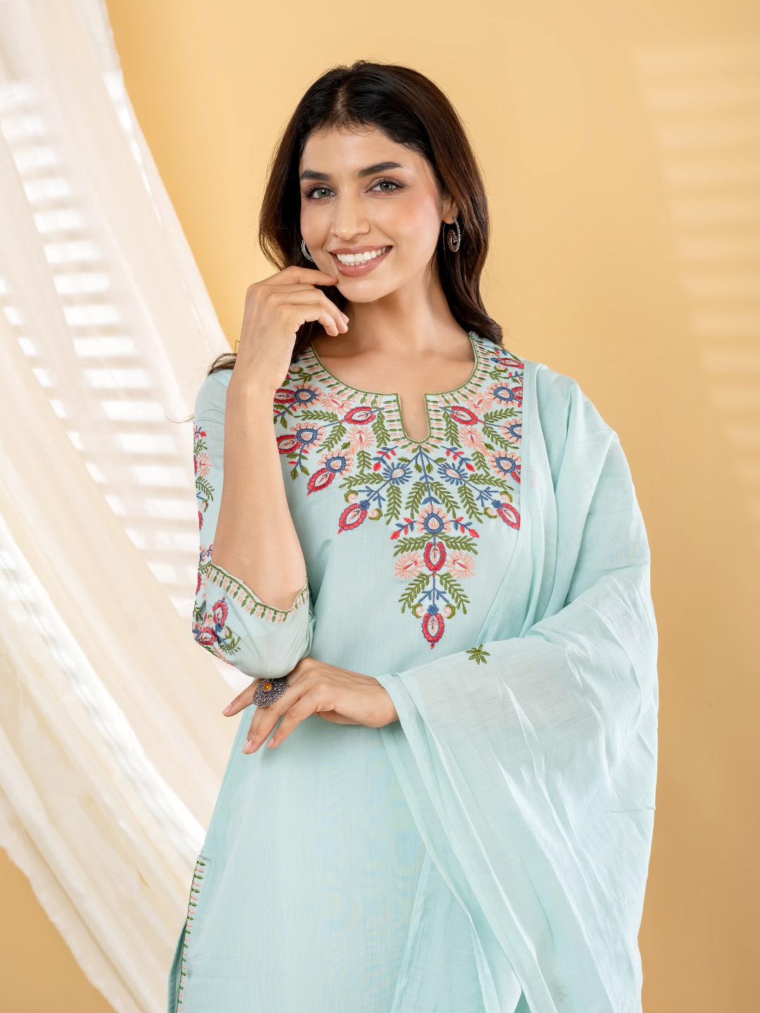 Aqua Blue Yoke Embroidered Kurta Pant Dupatta Set - 2