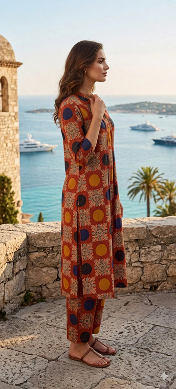 Rust Brown Geometric Print Co-ord Set