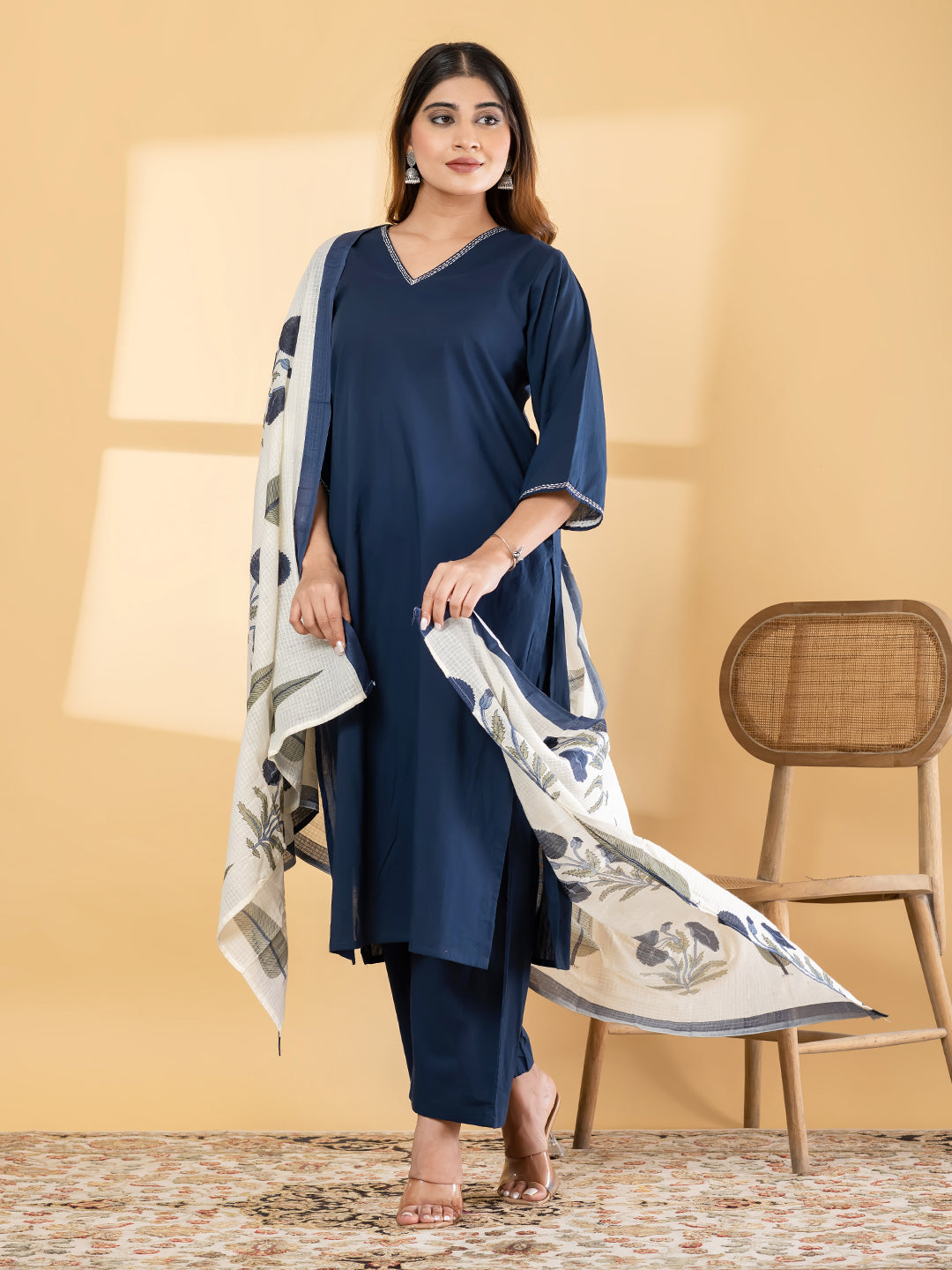 Midnight Blue Solid Straight Kurta Set with Block Print Kota Doria Dupatta
