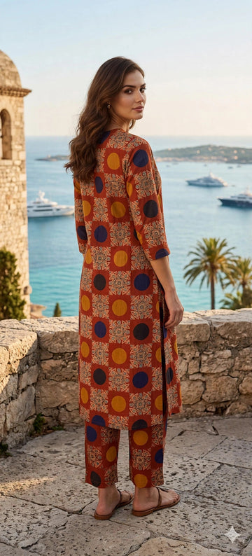 Rust Brown Geometric Print Co-ord Set